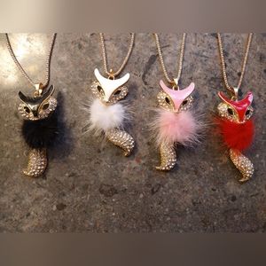 4 Fox Necklaces With Fur and Rhinestone Accents